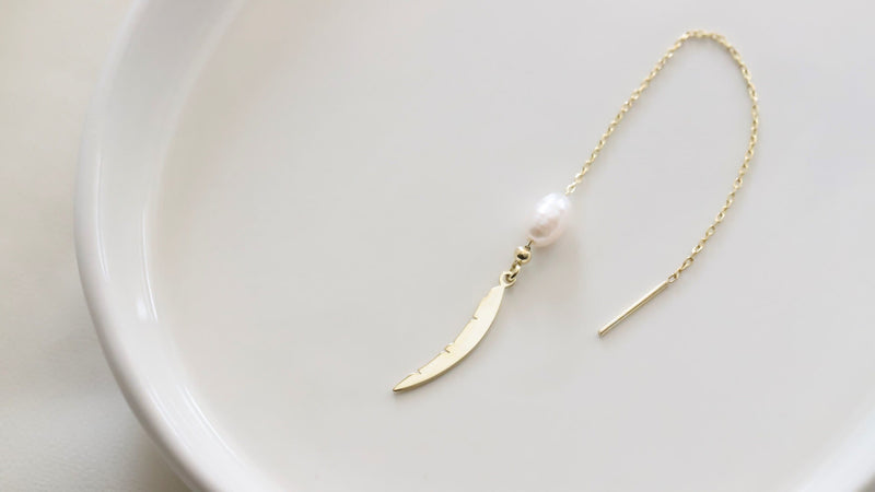 Handmade Leaf Earrings Dangle Gold with Freshwater White Pearl by NecklaceDreamWorld • Perfect Dainty Wedding Jewelery • Birthday Gifts