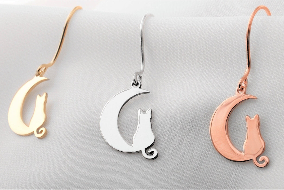 Handmade Cat Moon Dangle Earrings, 14K Gold Drop Earrings By NecklaceDreamWorld, Delicate Pet Lover Gifts, Birhday Gifts, Cat Jewelry