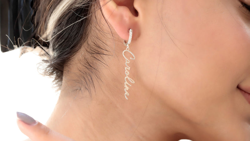 Rose Gold Personalized Signature Name Earrings with Pave Diamond Huggies, Handmade Custom Dangle Pave Diamonds Jewelry in Silver