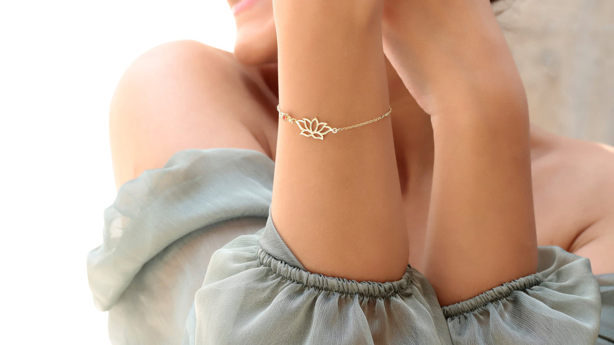 Dainty Gold Friendship Lotus Flower Bracelet, Birthstone-Gemstone add on, Couples Silver, Gold and Rose Gold Jewelry by NecklaceDreamWorld