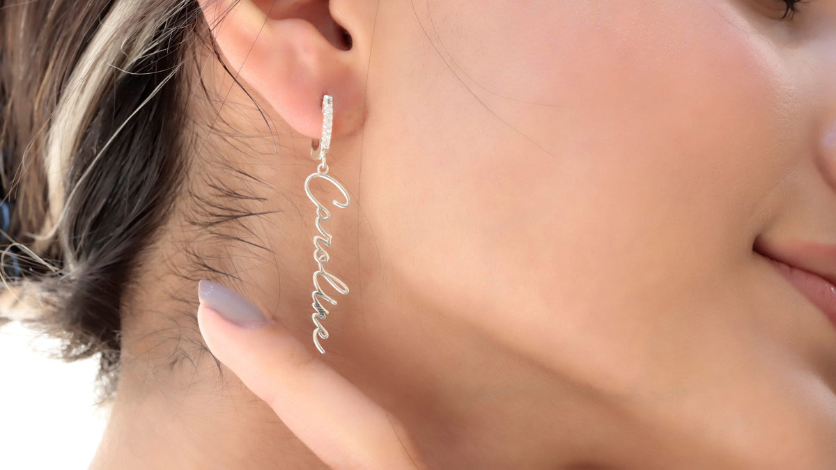 Rose Gold Personalized Signature Name Earrings with Pave Diamond Huggies, Handmade Custom Dangle Pave Diamonds Jewelry in Silver